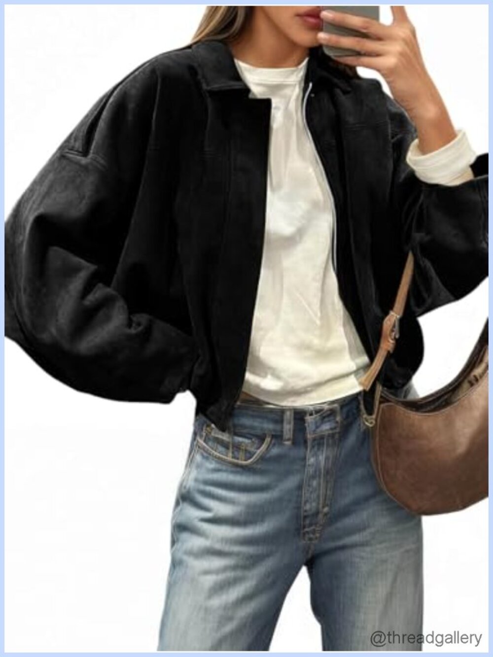 Faux Suede Bomber Jacket Oversized Cropped Zip Up Coat